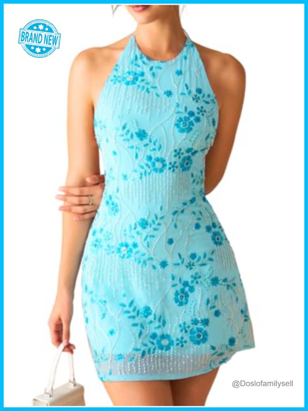 Sequin Rhinestone Floral Embellished Mini Dress Backless Halter Party
